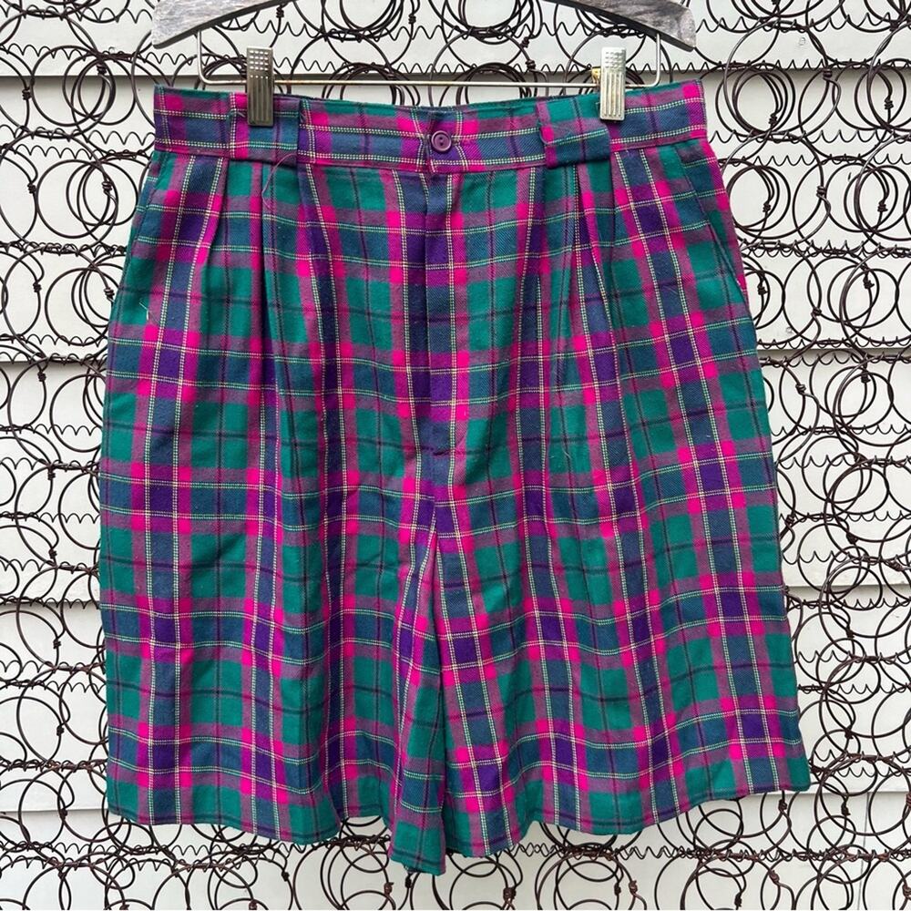 Vintage 80s green fuchsia plaid pleated high waist mom golf shorts SIZE 12